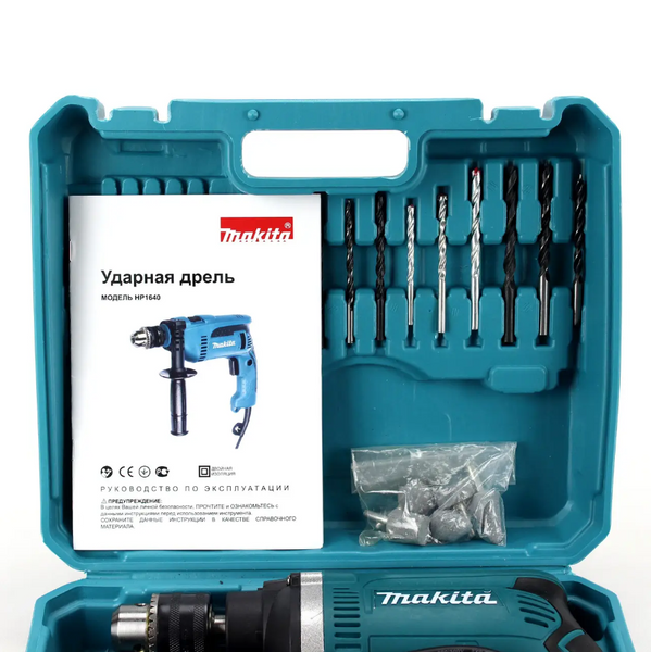 Ударный дрель MAKITA HP1630 (710 ВТ, 0-3200 ОБ./МИН.) с набором сверл, бит, камней. Ударная дрель МАКИТА Ш02-009 фото